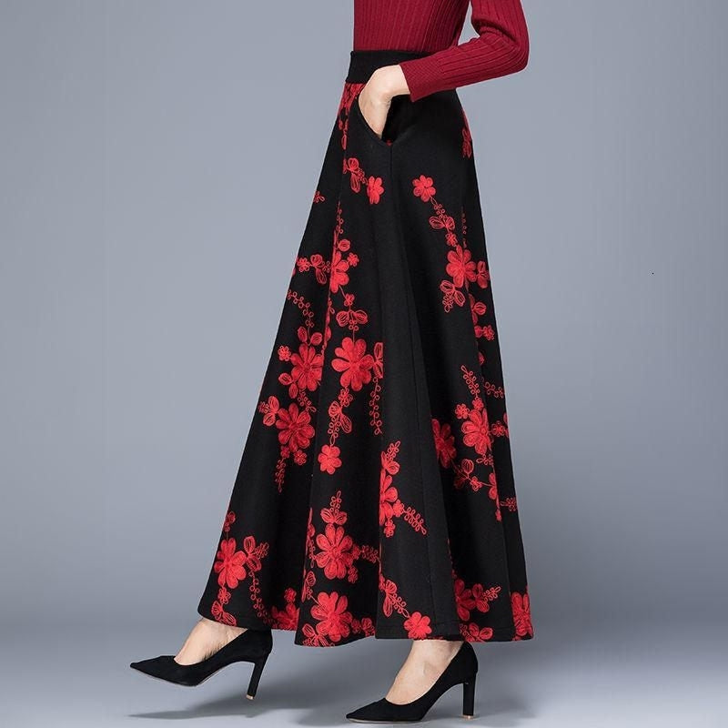 Skirts Falda bordada de lana elstica para mujer, larga cintura alta, corte en A, gruesa, Vintage, Floral, P64gran, Q2DX