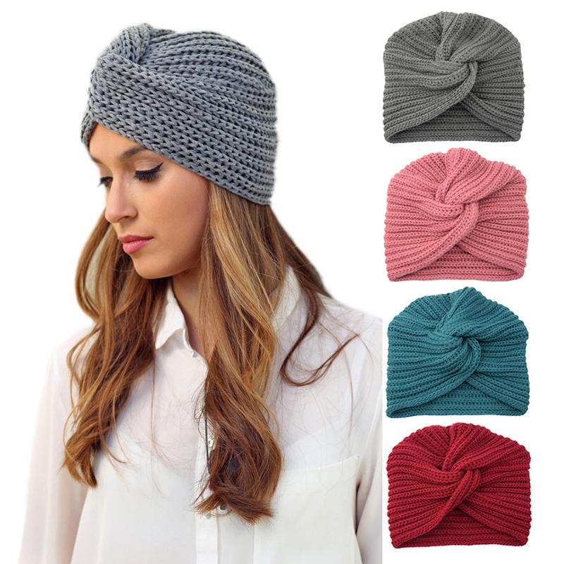 Beanie-Skull Caps Boho Fashion Cross Knotted Bandana Muslim Hat Winter Women Warm Knitting Turban Cap 10 Colors Female Soft