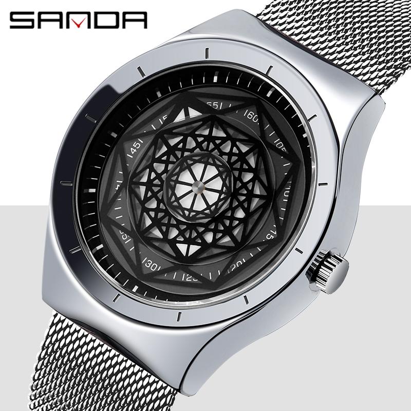 Wristwatches SANDA Unique Geek Watch Men Quartz Creative Turntable Dial Leather Mesh Strap Cool Male Wristwatch Luxury Clock Relogio Masculi