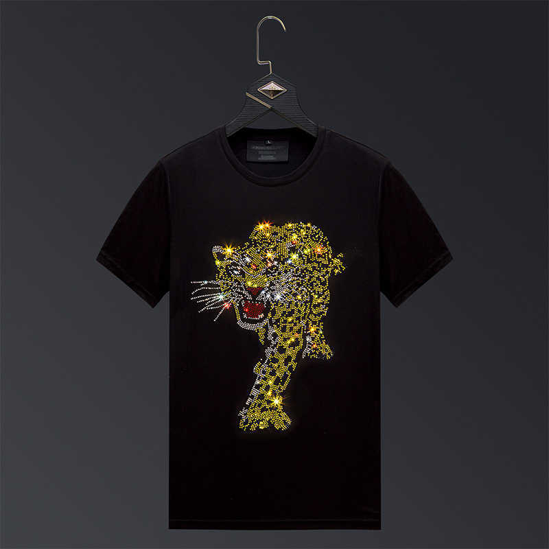 Hot drill t-shirt men&#039;s leopard short sleeve men&#039;s fashion brand spirit guy summer big men&#039;s mercerized cotton half sleeve