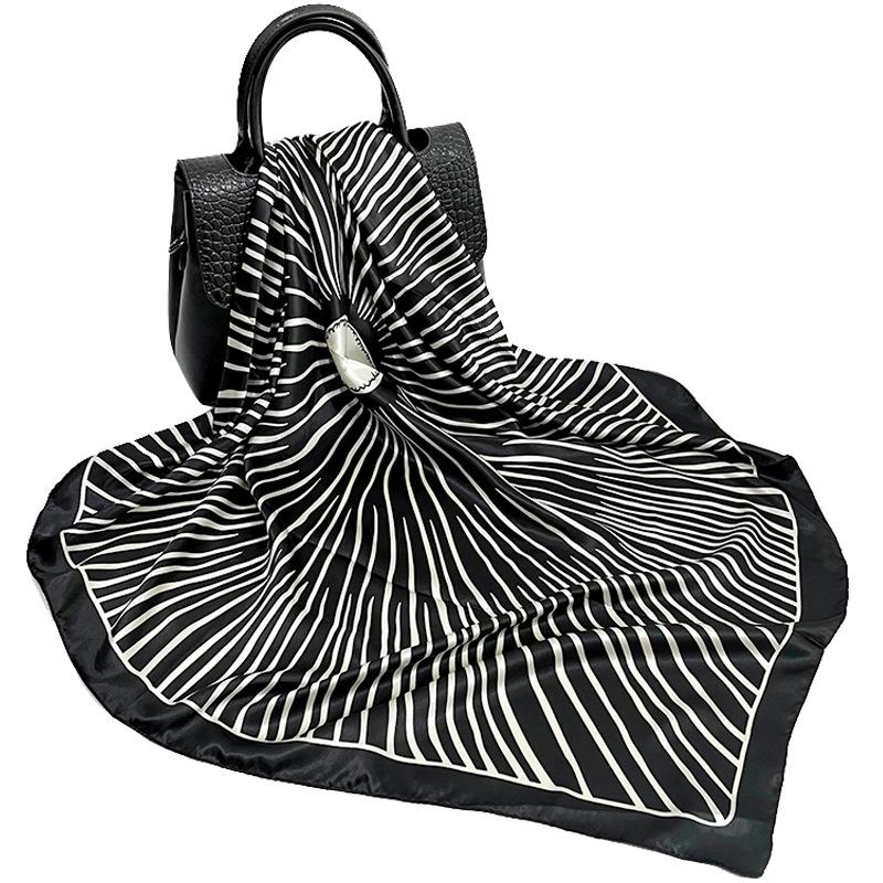 Scarves 90cm Silk Scarf Women Spring-summer 2021 Black And White Line Wave Dot Printing Square Satin Turban Wholesale