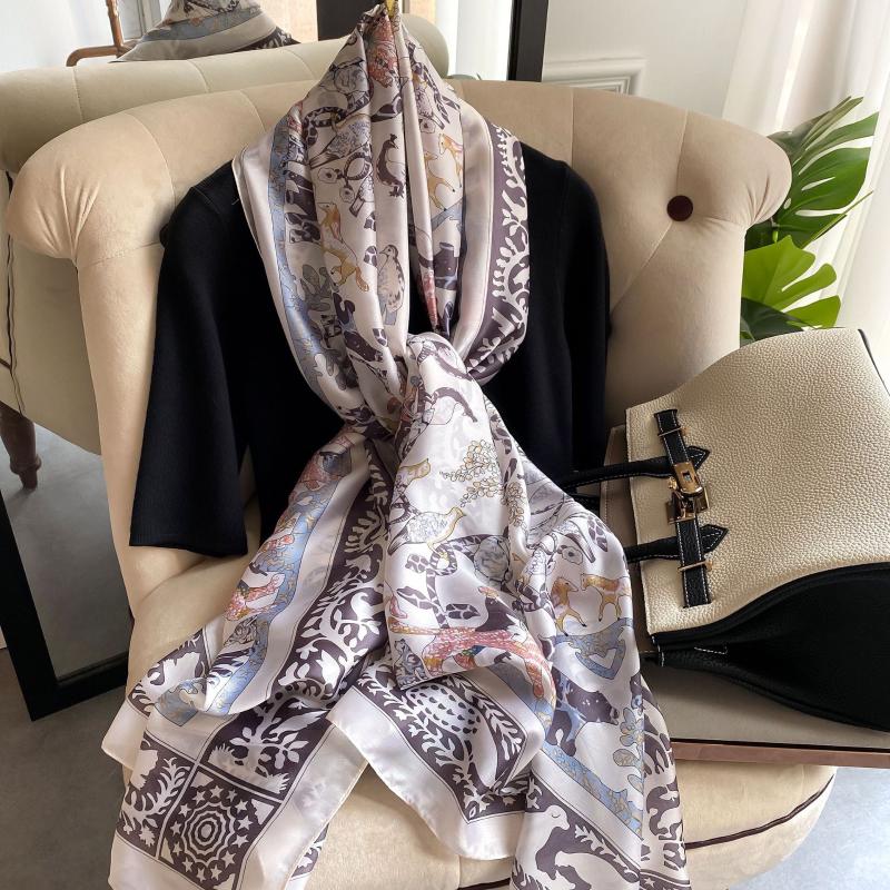 Scarves 2021 Houndstooth Print Summer Women Silk Scarf Large Shawls Pashmina Sunscreen Beach Hijab Stole Wrap Female Echarpe Bandana