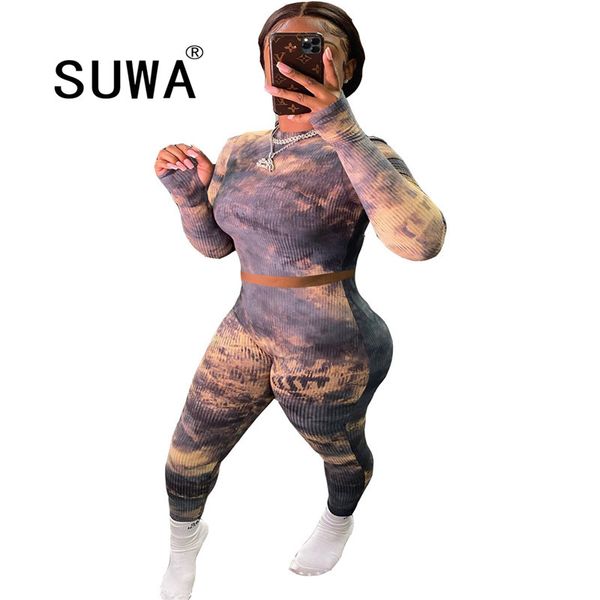 Print Skinny Sporty Women Two Piece Sets Autumn Streetwear Long Sleeve Bodycon Top And Leggings Co-Ord Set Casual Outfits 210525