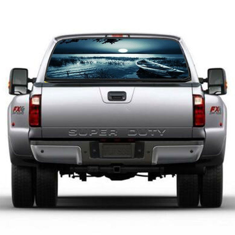 Car Sticker Boat Moonlight Lake at night Painting Rear Window Graphic Decal Truck Van