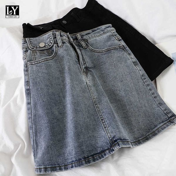 LY VAREY LIN Summer Women Casual Solid Color High Waist Denim Mini Skirts Office Lady Button A-line Blue 210526