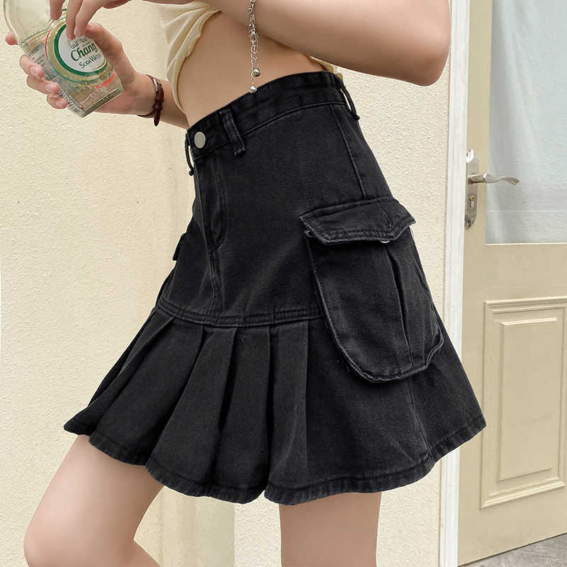 Skirts Black Vintage Denim Jeans Women High Waist Mini Pleated Skirt Ins Hot Girls Europe Pockets Punk Hip Pop Streetwear Z529 8ZA