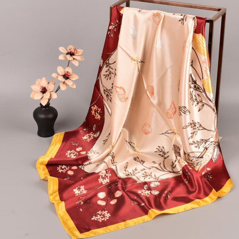 Scarves Flower Silk Scarf Women Foulard 90*90cm Square Head Ladies Elegant Shawl Wrap Female Leaves Hijab Conchonch Plant