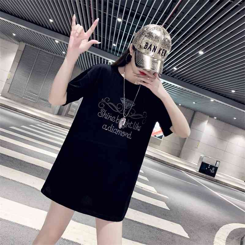 Wind 2021 summer fashion brand new large women&#039;s clothing foreign style hot drill Short Sleeve T medium long loose LARGE T-SHIRT cotton