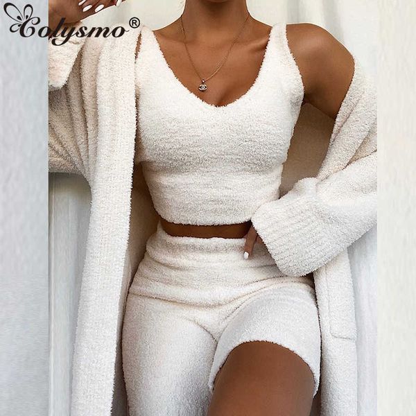 Colysmo White Loungewear Set Summer Sleeveless Crop Top Shorts Two Piece Women Knitted Velvet Home Wear Casual Clothes 210527