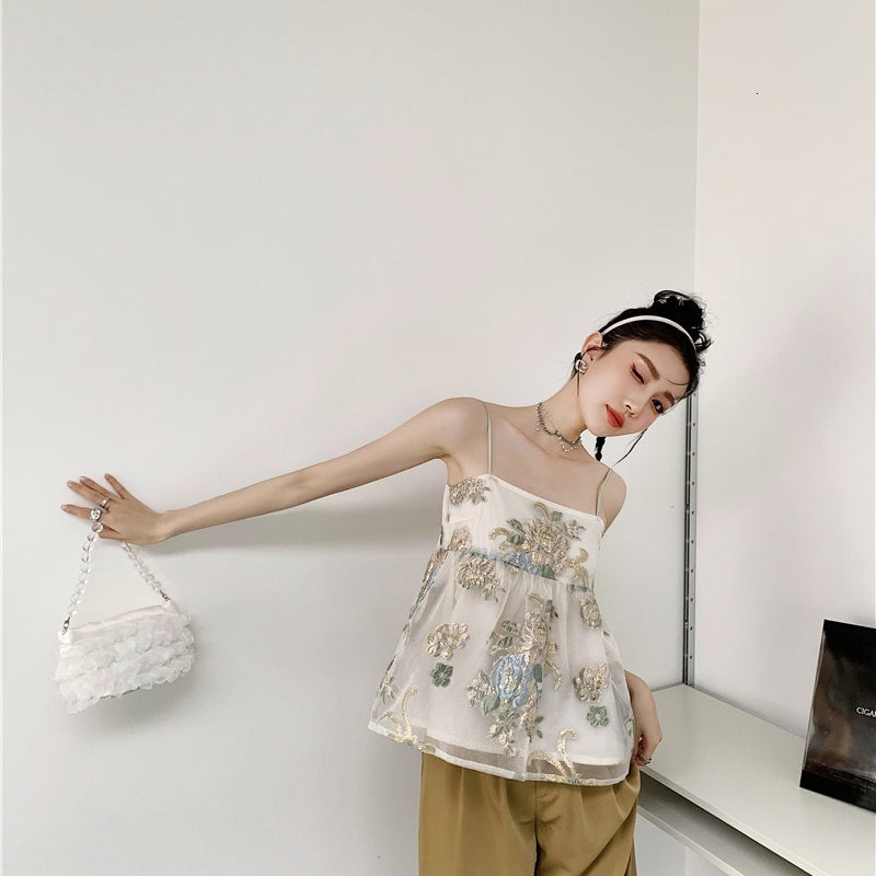 Women&#039;s Tanks & Camis Jacquard Puffy Gold Embroidered Tube Tops Summer 2021 Backless Spaghetti Strap Cami Top Designer Ladies Blou