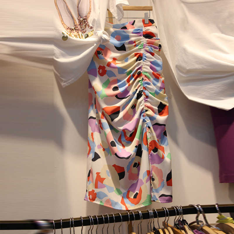 Two Piece Dress Korean Style Jupe Floral Printed Skirt Women Arrival High Waist Ruched Design Summer Mid Calf Skirts Faldas Mujer