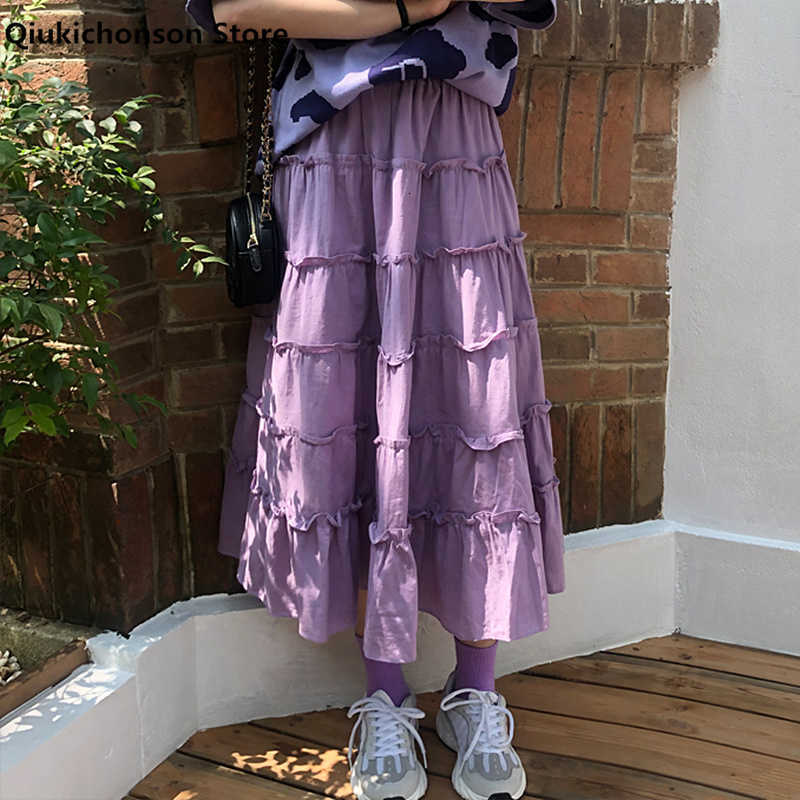 Skirts Spring Summer Long Midi Skirt For Women Korean Fashion Elastic High Waist A-Line Cute Frilly Teen Girls jupe W5TL