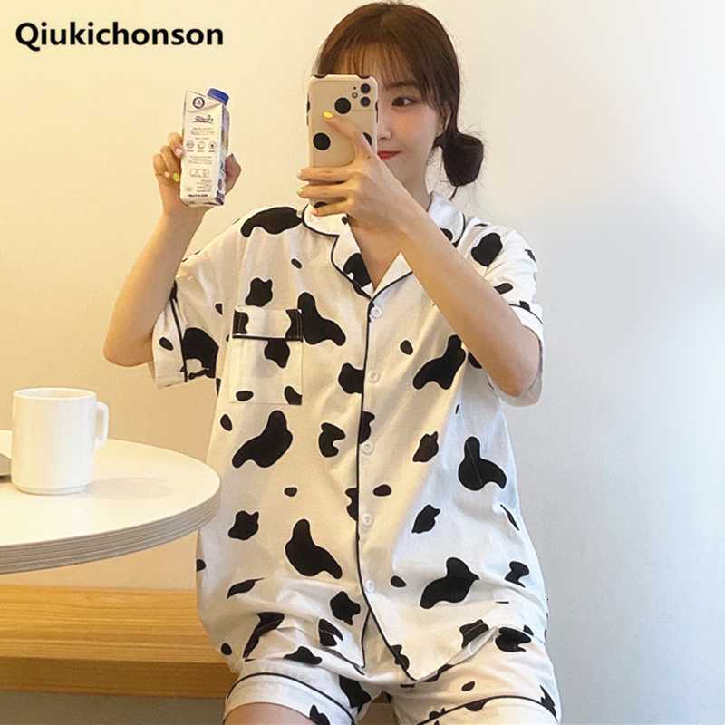 Women&#039;s Sleepwear Kawaii Cow Print Pajamas Shorts Set Summer Korean Style Notched Collar Women Pijama Teen Girls pyjama femme ete