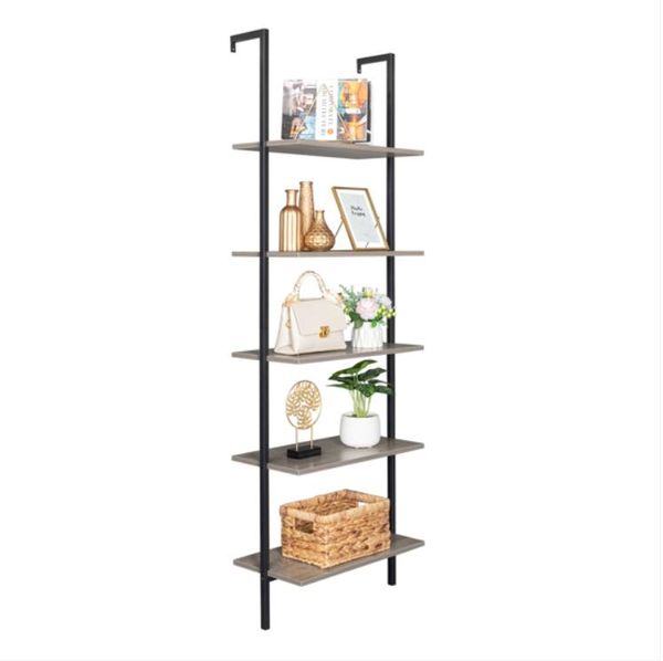 2021 Storage Holders & Racks 5-Shelf Bookcase with Metal Frame Industrial 5-Tier Modern Ladder Shelf Wood ShelvesGray