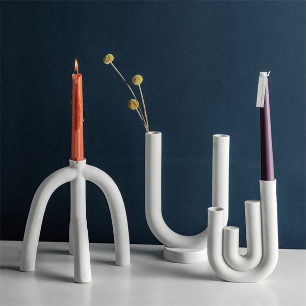 Nordic Scandinavian Style White Ceramic Candlestick Pipe U Shape Candle Holders Modern Candle Stand Home Decor Gift Personality 210722