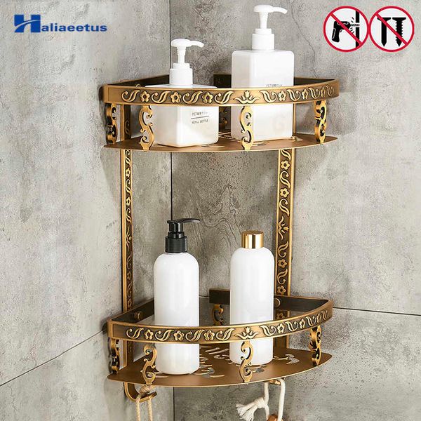 Nail Free Bathroom Shelves 2 Layer Antique Metal Shower Corner Shelf Wall Mount Shampoo Storage Shelf 210724