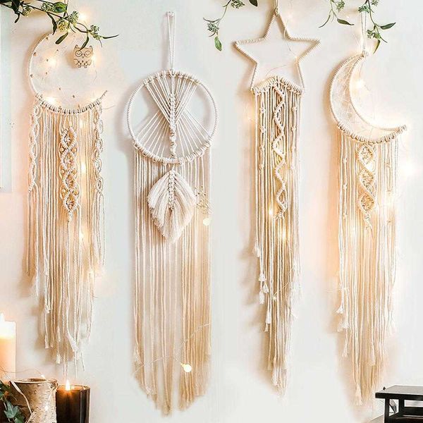Moon Star Macrame Tapestry Boho Wall Decor Leaf Macrame Wall Hanging Farmhouse Dorm Room Decor Gift Woven Tapestri 210609