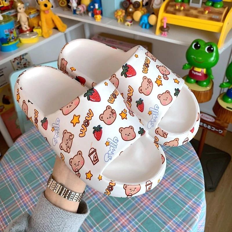 Slippers Women Summer Platform Non-slip Beach Slide Sandals Flip Flops Cartoon Candy Bear High Heels Ladies Girls Bathroom Shoe