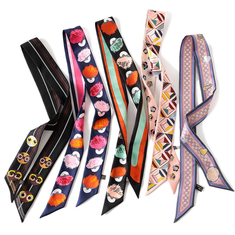 Scarves 5X120CM Choice Twill Silk Printed Flower Neckerchiefs For Women Double Layer Imitatin Ladies Neck Hair Bags Ribbon
