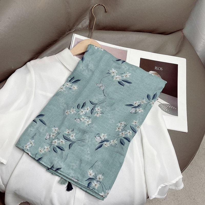 Scarves 2021 Cotton Linen Green Little Jasmine Korea Travel Seaside Vacation Sunscreen Scarf Shawl Silk Beach Towel Women