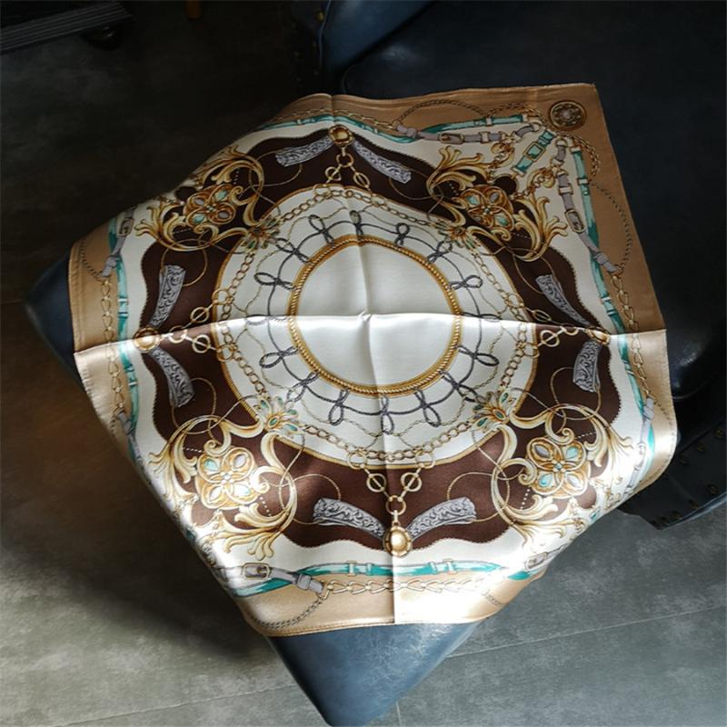 Scarves Summer Genuine Silk Retro Link Chain Small Size Scarf Square Navy Blue Luxury Women Headband Bag Kerchief