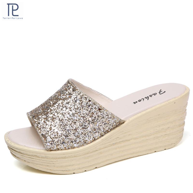 Slippers Summer Wedge Platform High Heels Women Slipper Ladies Outside Shoes Sequined Glitter Flip Flop Sandals
