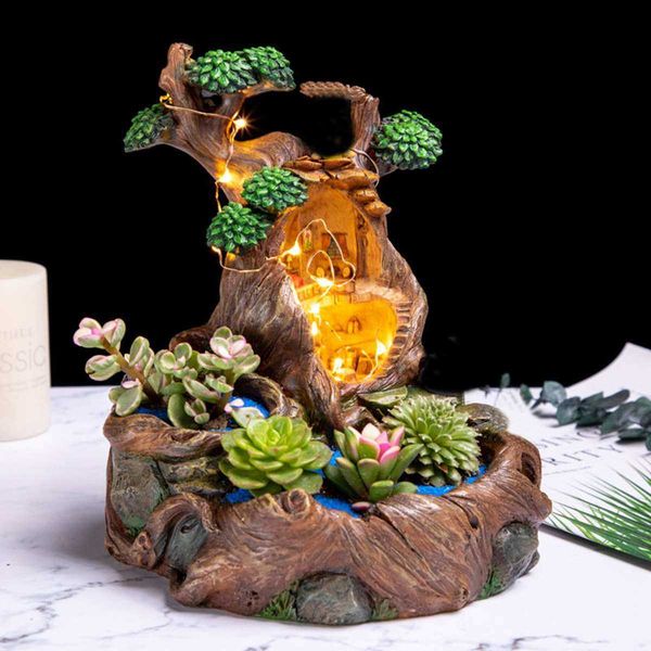 Resin Handmade Sky Garden Wooden House Plant Succulent Pot DIY Planter Resin Crafts Decor With Light Strip 210615