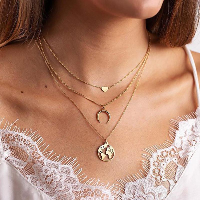 Pendant Necklaces Delicate Heart For Women Fashion Gold Chain Long Moon Map Statement Necklace Multilayer Bohemia Choker Jewelry