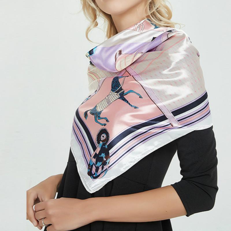 Scarves 90*90 Cm Women Spring Summer Autumn Fashion Square Scarf Horse Printed Silk Wild Decorative Satin Neck Shaw