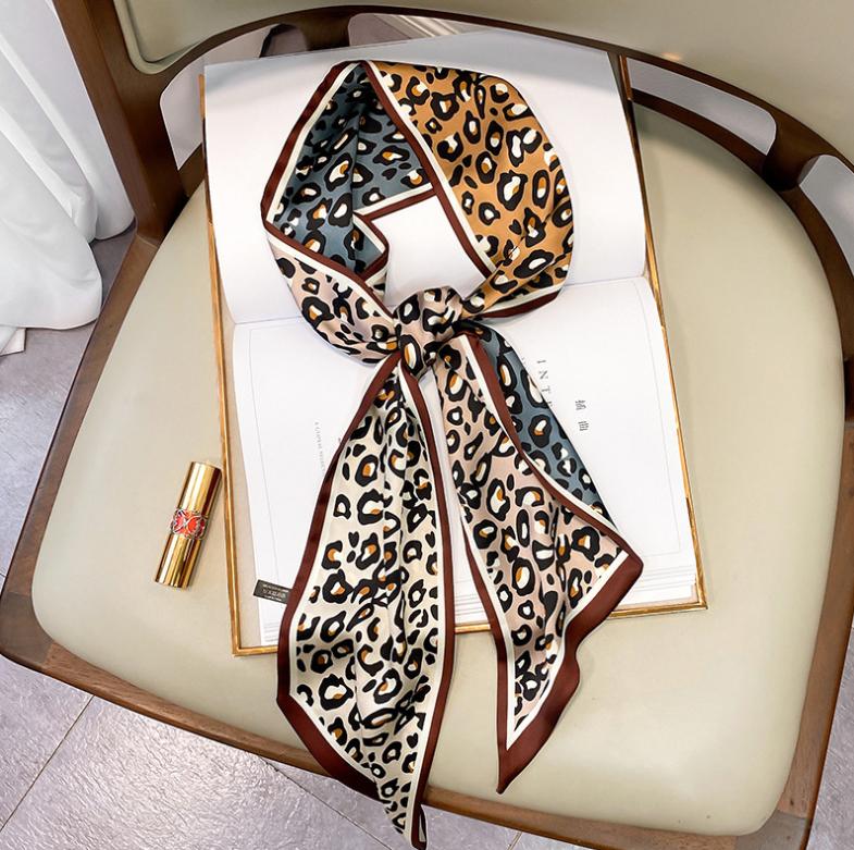 Scarves Designer Small Silk Square Scarf Women Narrow Long Leopard Striped Print Handkerchief Lady Head Hair Band Scarfs Kerchief Female