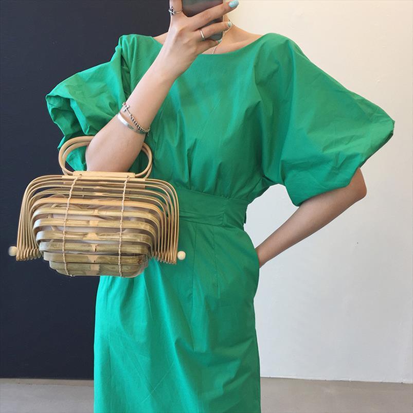 [ewq] Korean Chic Candy Womens Dresses Color Round Neck Purple Loose Runway Dress Summer Puff Sleeve Modern Lady 16w60114