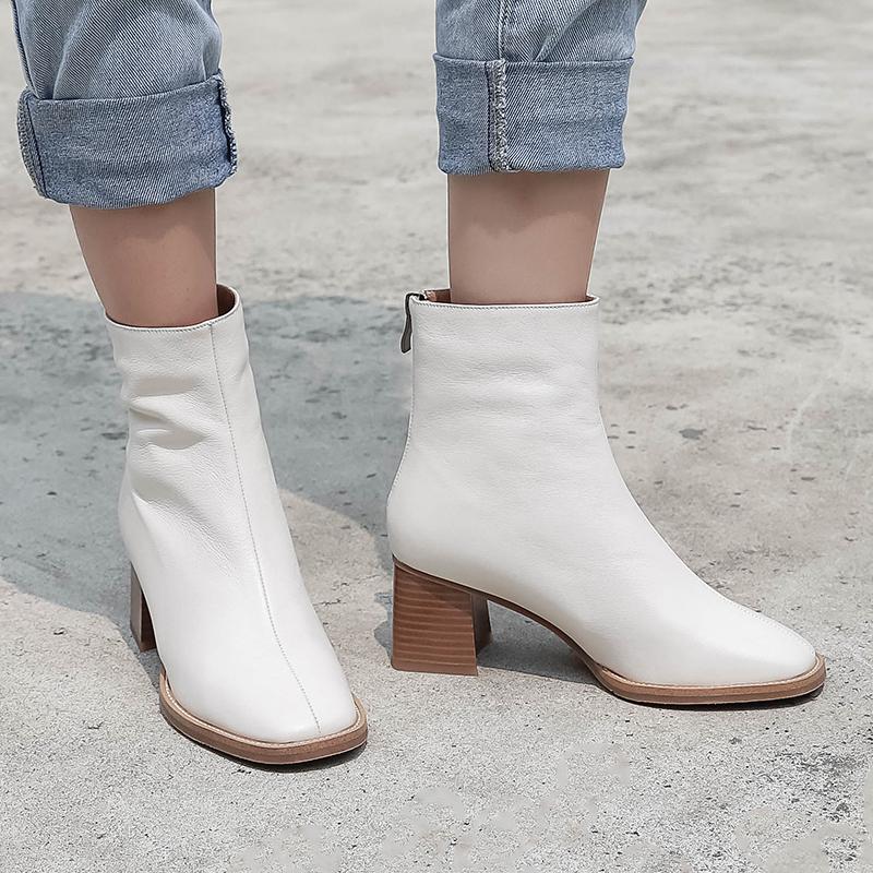 Boots 2021 Early Winter First Layer Cowhide Youth European And American Style Mid-heel Women&#039;s