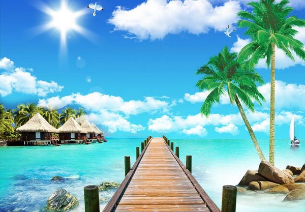 Living room bedroom home improvement wallpaper for walls 3 d Sea view coconut tree background wall painting