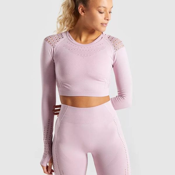 Seamless Yoga Sports Suits Set Long Sleeve Women Fitness Clothing Sportswear Gym Leggings Padded Push-up Strappy