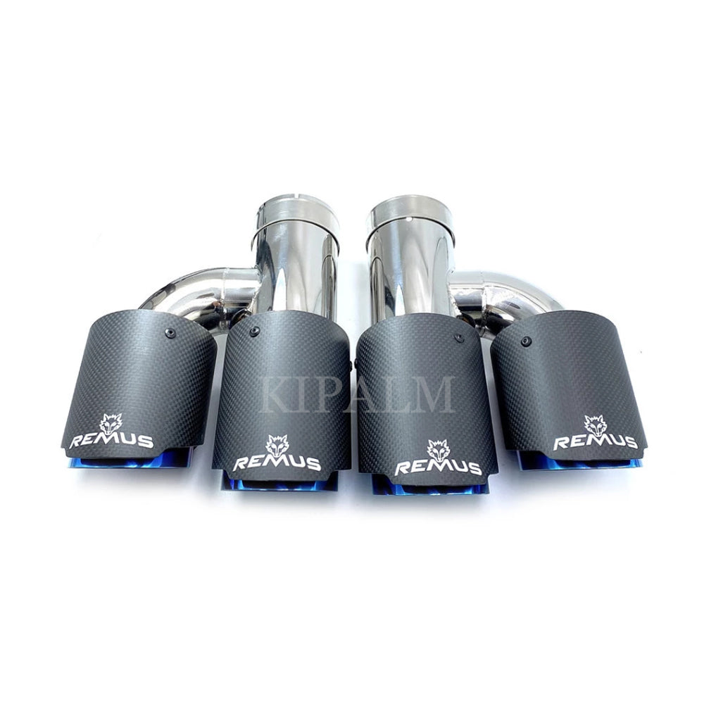 1 Pair Car Universal h Style Dual Pipes Straight Cut Remus Sport Matte Carbon Fiber Exhaust Muffler Tips Burnt Blue Inner Pipe for BMW AUDI GOLF MAZ