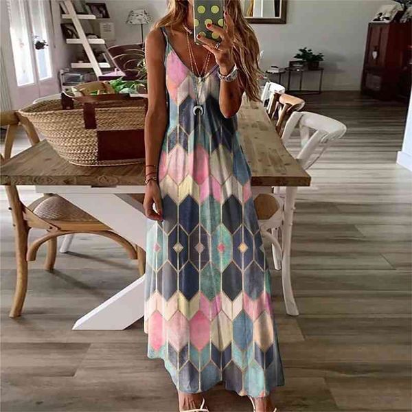 Women Dresses Ladies Sleeveless V-Neck Camisole A-Line Camisole Casual Printed Long Dress for Women Fashion Mujer Vestido 210630