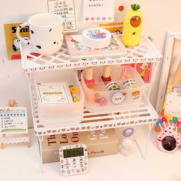 W&G Ins Folding 2 Tier Storage Rack Holder Cosmetic Rack Organizer Shelf Desk Tidy Artifact Desktop Rack On Table Bathroom 210705