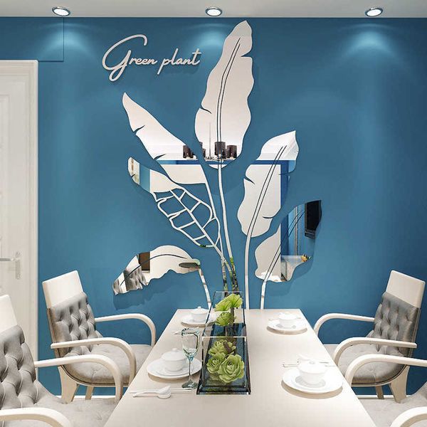 Green leaf Acrylic Mirror Wall stickers For Living room Banana tree Fashion 3d Mirror Leaves Home decor Window Art Decorations 210705