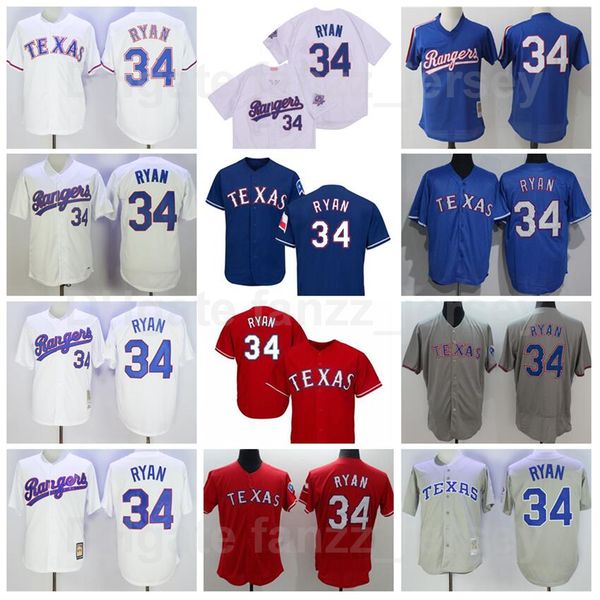 Men 1993 Retro Baseball 34 Nolan Ryan Vintage Jersey Retire Flexbase Cool Base Cooperstown Stitched And Sewn On Team Color Blue Red White Gr