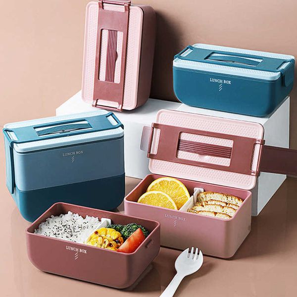 Office Lunch Box Student Microwave Dinnerware Double-layer Bento Portable Healthy With Tableware Food Storage Container 210709