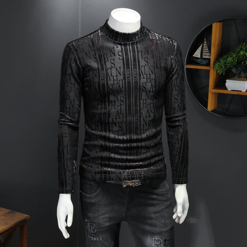 2023 autumn and winter men&#039;s tops gold velvet printed long-sleeved t-shirts hot drill fashion trend round neck slim fit thick warm bottoming sh