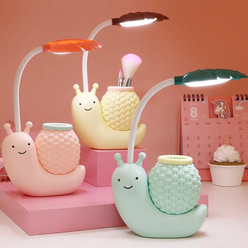 Night Lights USB Charging Pen Holder Desk Lamp Kid LED Light Cute Pink Snail Bright Reading Lghts With Organizer For Power Bank PC