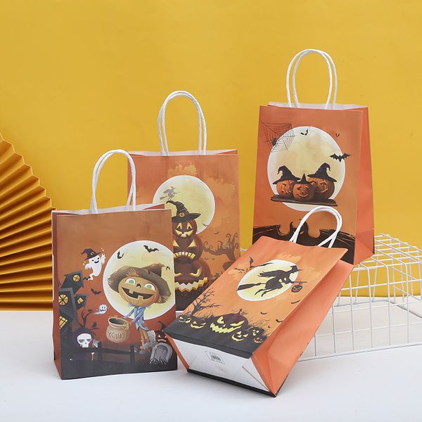 12Pcs-Lot Halloween Candy Bags Gift Wrap Kids Trick or Treat Pumpkin Witch Pouches Shopping Kraft Paper Bag Handles Snack Packaging customiz