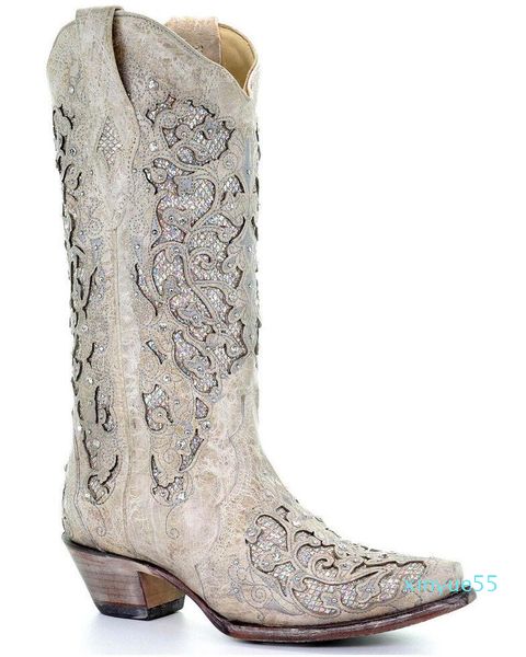 Boots Women`s White Glitter Inlay Western Inlaid Diamond Footwears