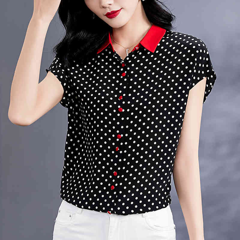 Women&#039;s Blouses & Shirts 100% Natural Real Silk Women Black Shirt Elegant Turn-down Collar Short Sleeve Loose Office Lady Dot Print Blouse Summ