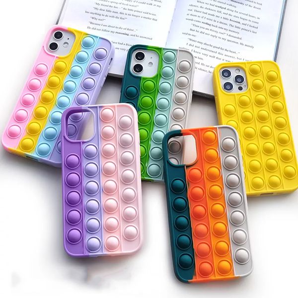 Rainbow Silicone Phone cases For Iphone 13 XR XS 11 12 Pro Plus Pop Fidget Toys Push It Bubble Soft Phones Cover Anti-Fall Relieve Anxiety W