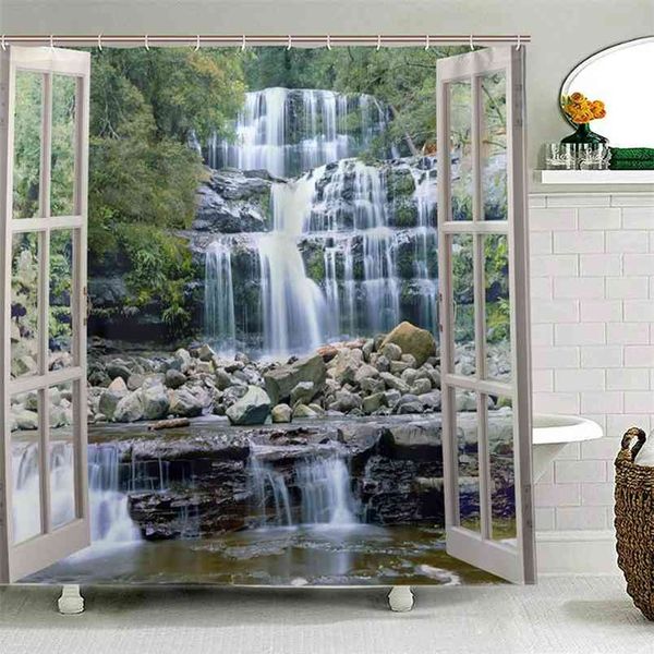 Wide Waterfall Deep Down in The Forest Seen from A City Window Epic Surreal Decor Shower Curtains Landscape Bathroom Curtain Set 210915