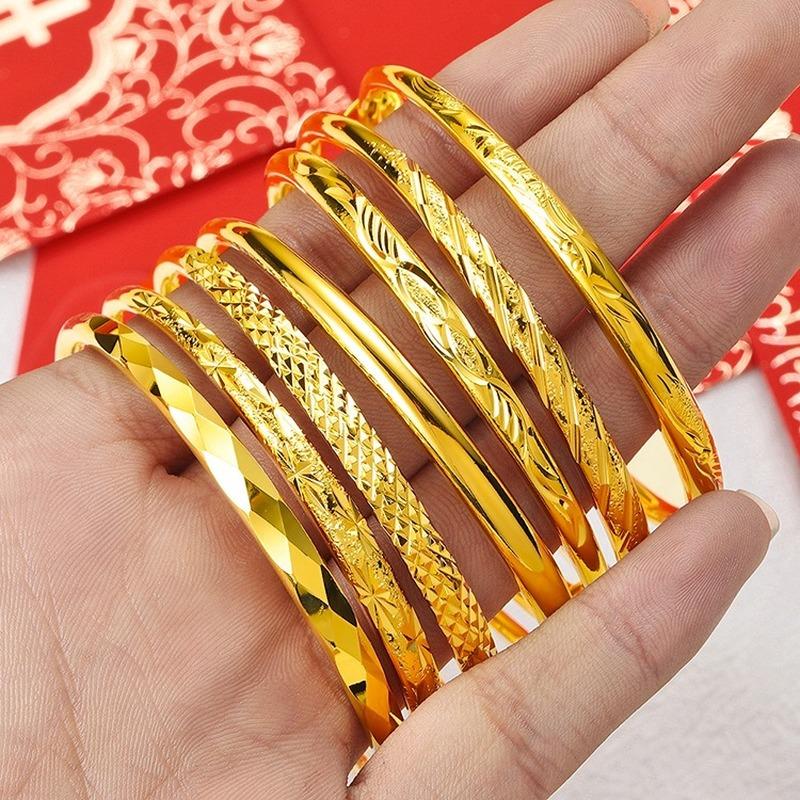Bangle 24K Gold-plated Color Bracelet Fashion Vietnam Sand Gold 5n Round Stem Smooth Push-Pull Women&#039;s Jewellery