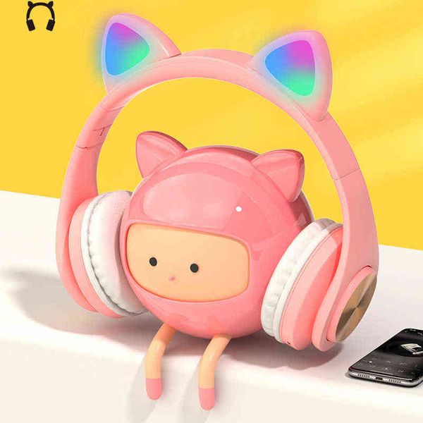 New Led Cat Ear Wireless Headphones Metallic Feel Earmuffs Headset Bluetooth 5.0 Kids Support Tf Card with Microphones
