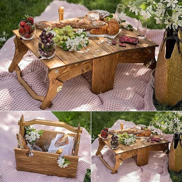 Camp Furniture Multifunctional Wooden Outdoor Folding Table Beach Camping Backpacking Portable Mini Garden Picnic Desk Storage Basket